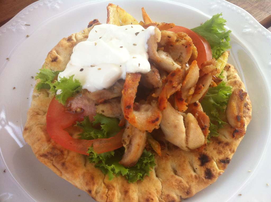 Souvlaki with Chicken Gyros (Wrapped Pita breads with Chicken and