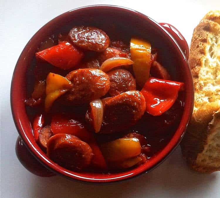 Spetsofai (Spicy Sausages with Peppers and Tomato sauce)