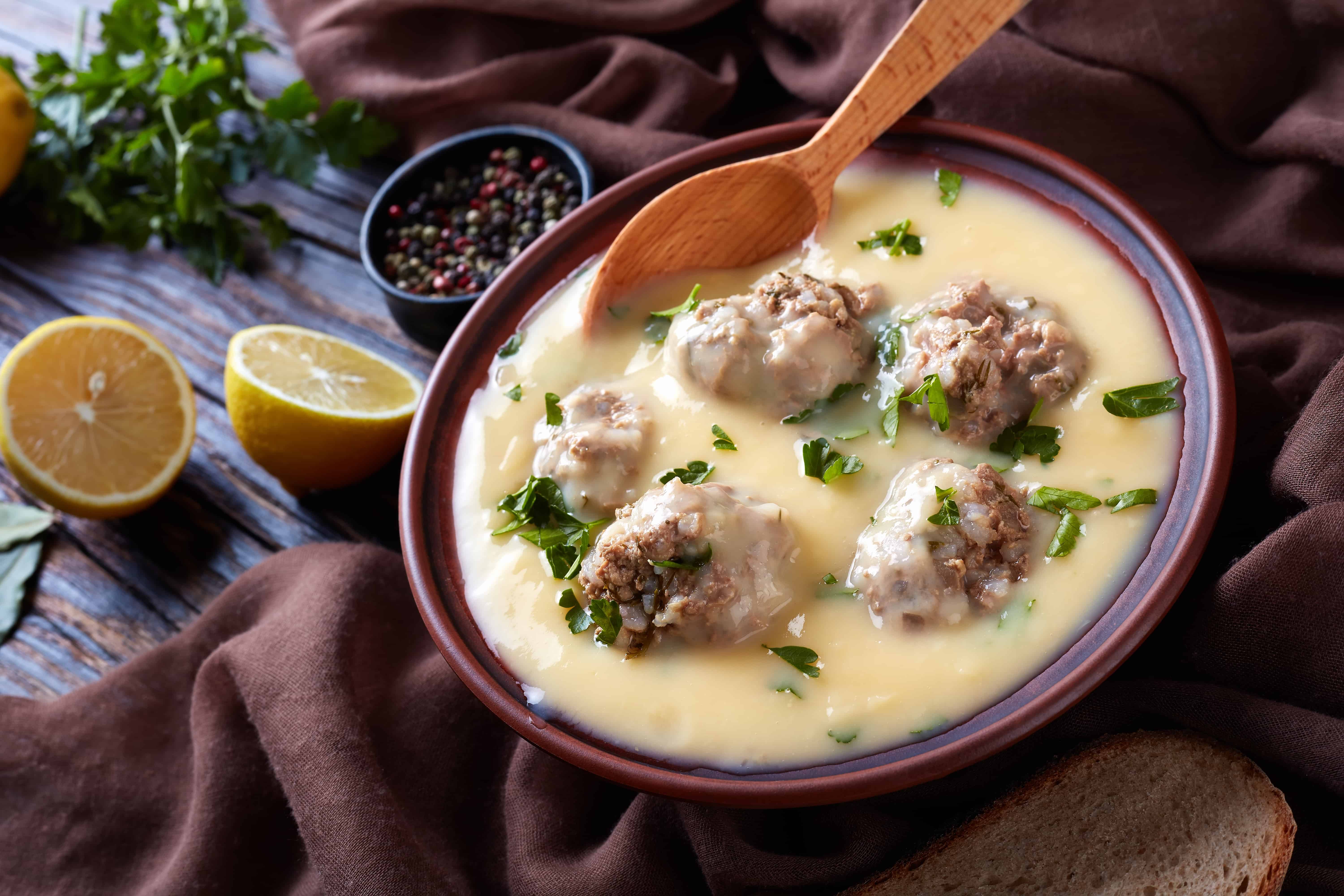 Traditional Greek Meatball Soup (Giouvarlakia/ Youvarlakia) in Egg-lemon sauce