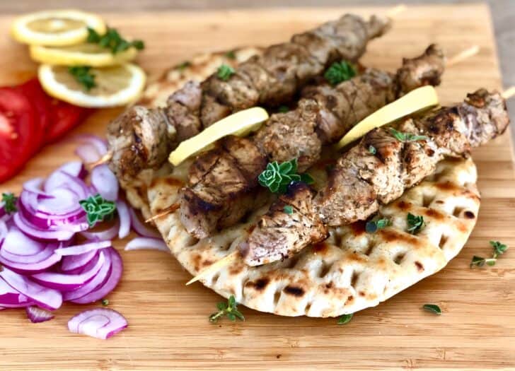 Greek pork souvlaki skewers (Kebabs) platter