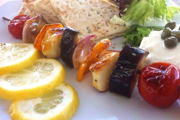 Vegetable Skewers (Souvlaki) with Halloumi and Pita Bread