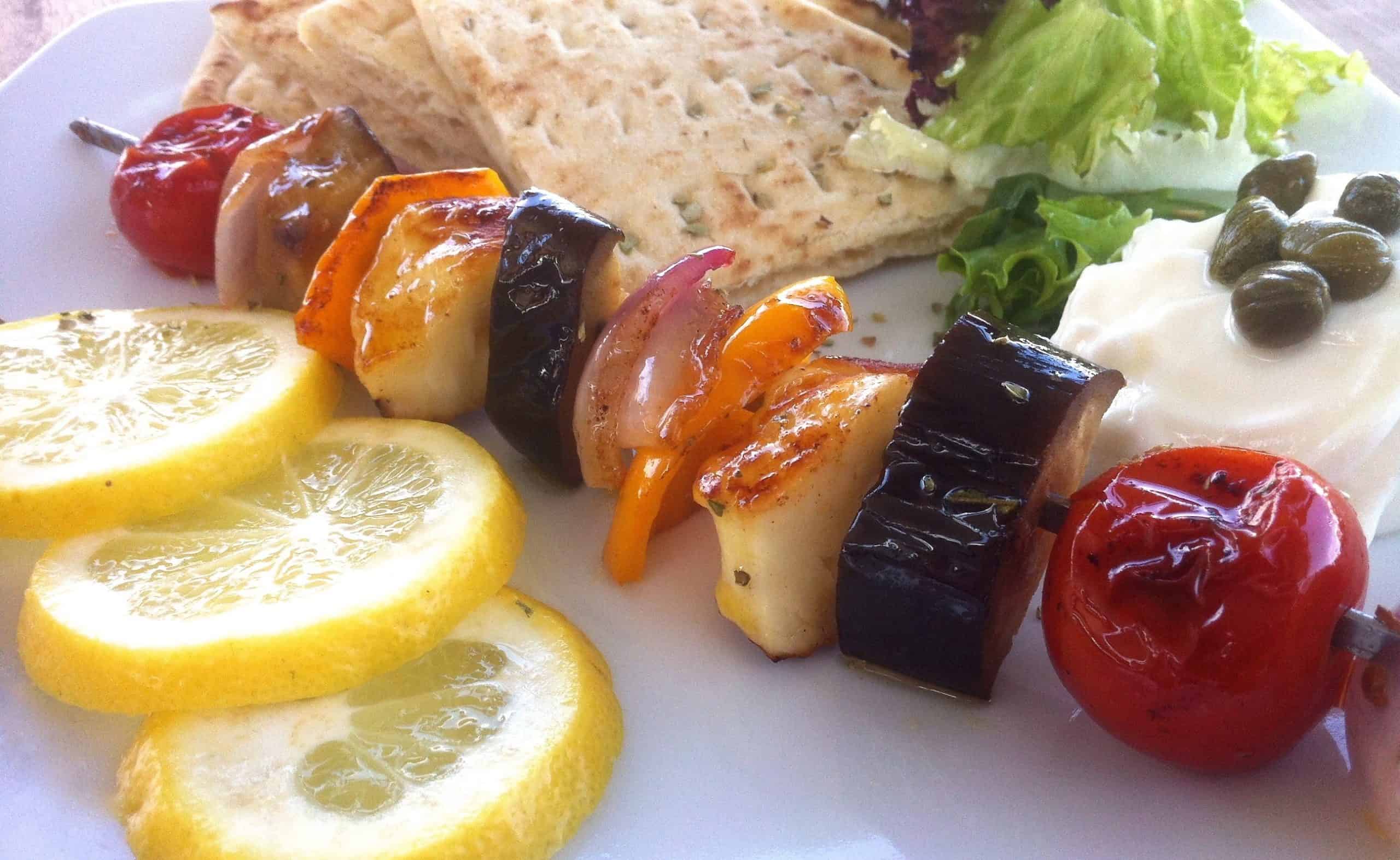 Vegetable Skewers (Souvlaki) with Halloumi and Pita Bread