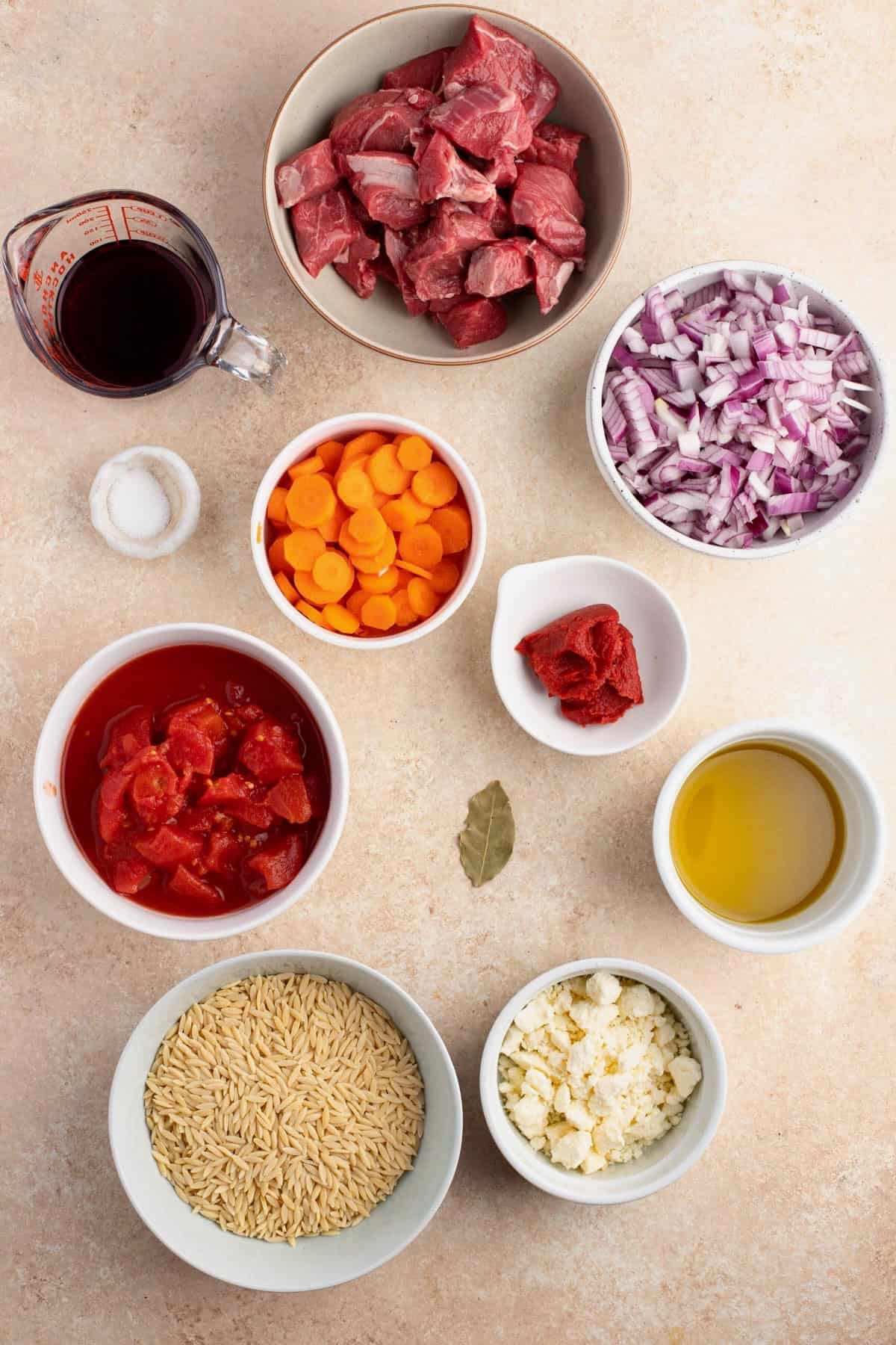 Ingredients for Greek Lamb stew with Orzo pasta (Lamb Giouvetsi)