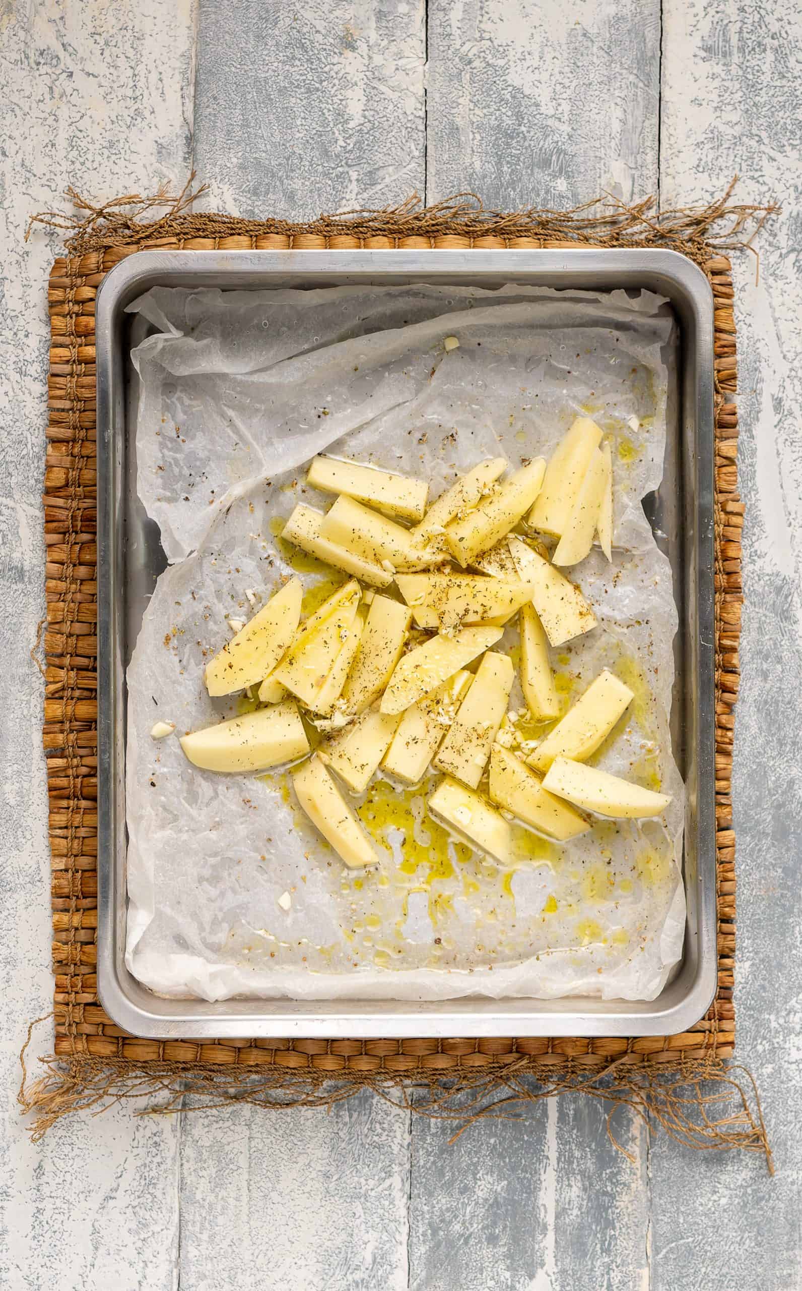 Crispiest Greek Lemon Potatoes Recipe (Patates Lemonates) lemon sauce top down