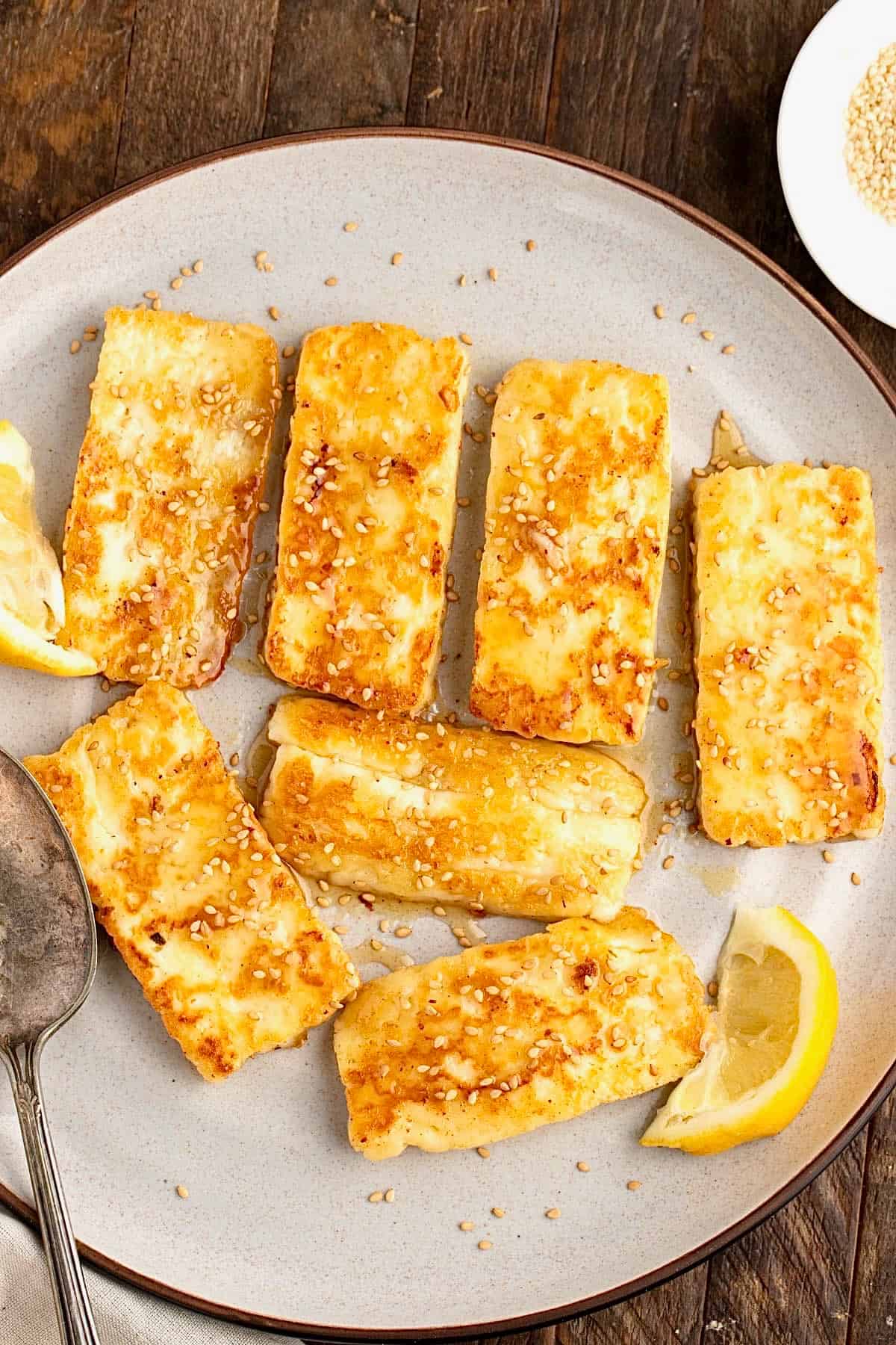 Pan fried Halloumi cheese with honey and sesame